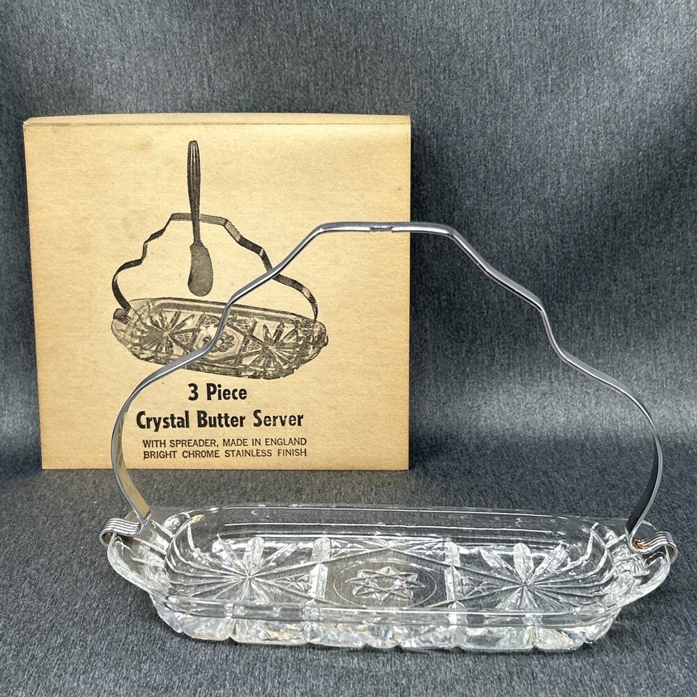 Vintage English Crystal Butter Dish Server Set Chrome Caddy England READ
